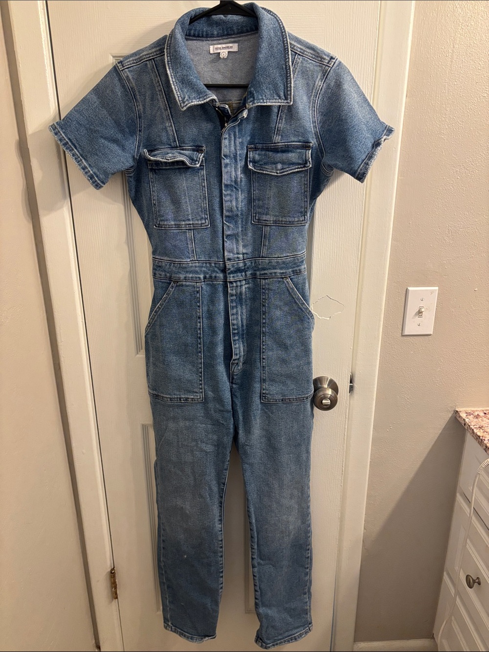Good American Light Blue Denim Short Sleeve Jumpsuit